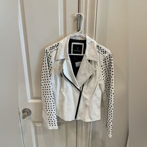 Christina V White Leather Jacket with Black embellished sleeves